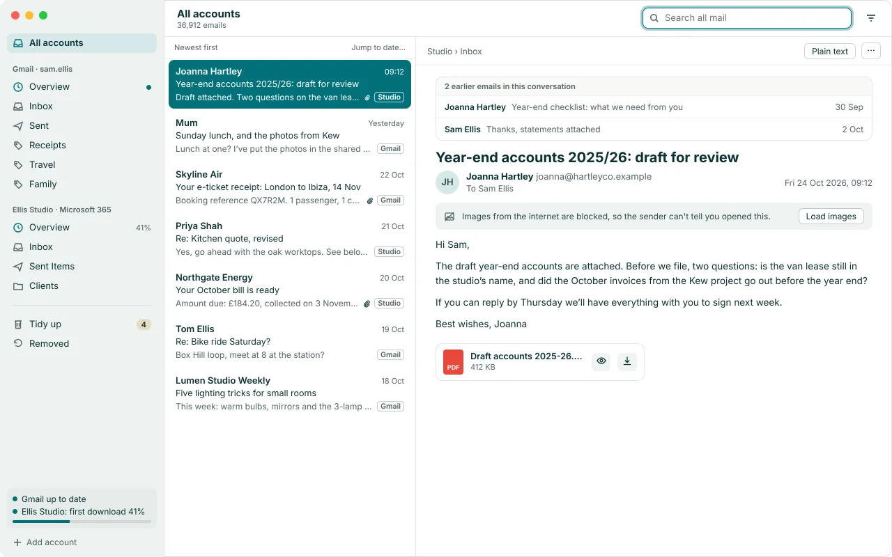 The Stow window. A sidebar lists two accounts, a Gmail account and a Microsoft 365 account, each with an overview and its folders, then Tidy up and Removed. The middle column lists emails from all accounts, newest first. The reader on the right shows an email from an accountant with a PDF attached, and a note that images from the internet are blocked so the sender cannot tell it was opened.